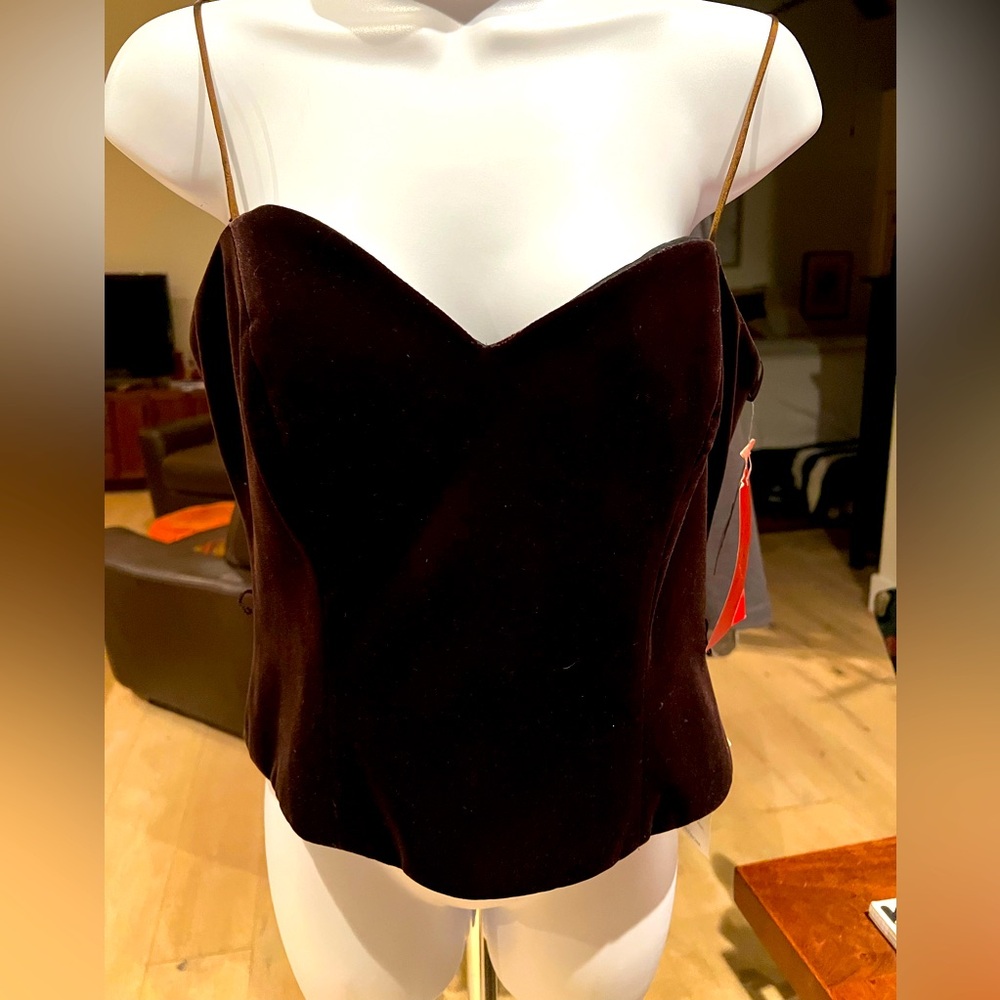 Formal brown velvet tank with back zipper and thin spaghetti straps.  Size 6